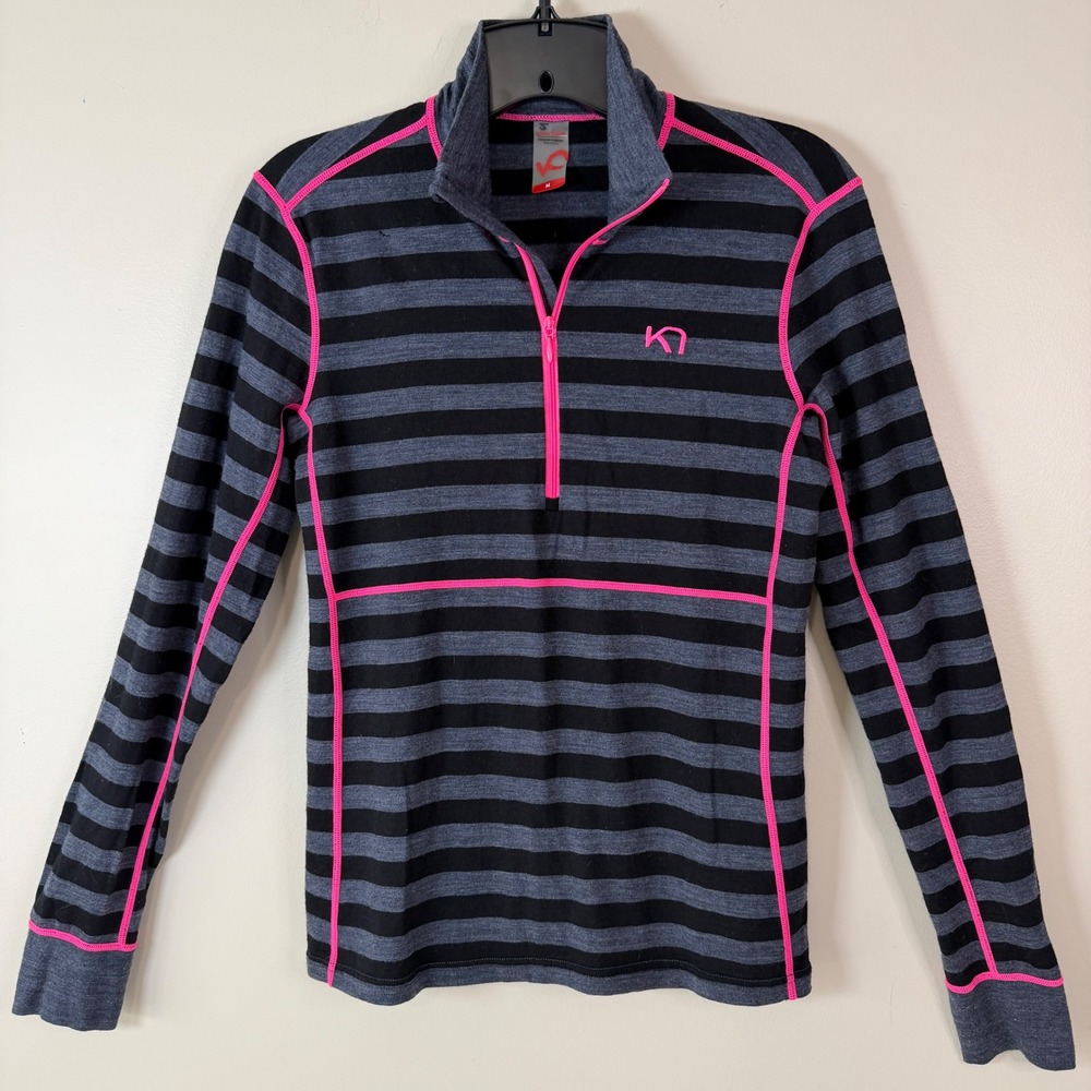 Kari Traa Baselayer Top Ski Hiking Outdoor Performance Half Zip Striped Merino